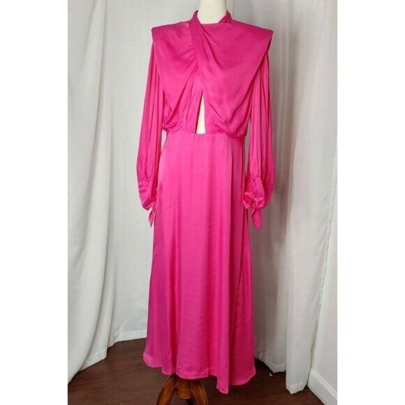 Farm Rio Maxi Dress Cut Out Satin Pink L Shoulder Pad Long-Sleeve Cocktail - Picture 8 of 16